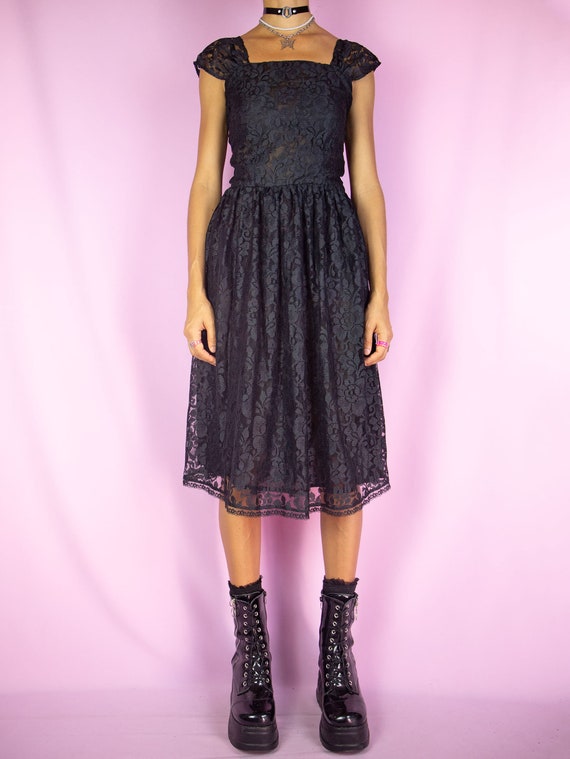 Vintage 90s Black Lace Midi Dress Romantic Sheer … - image 2