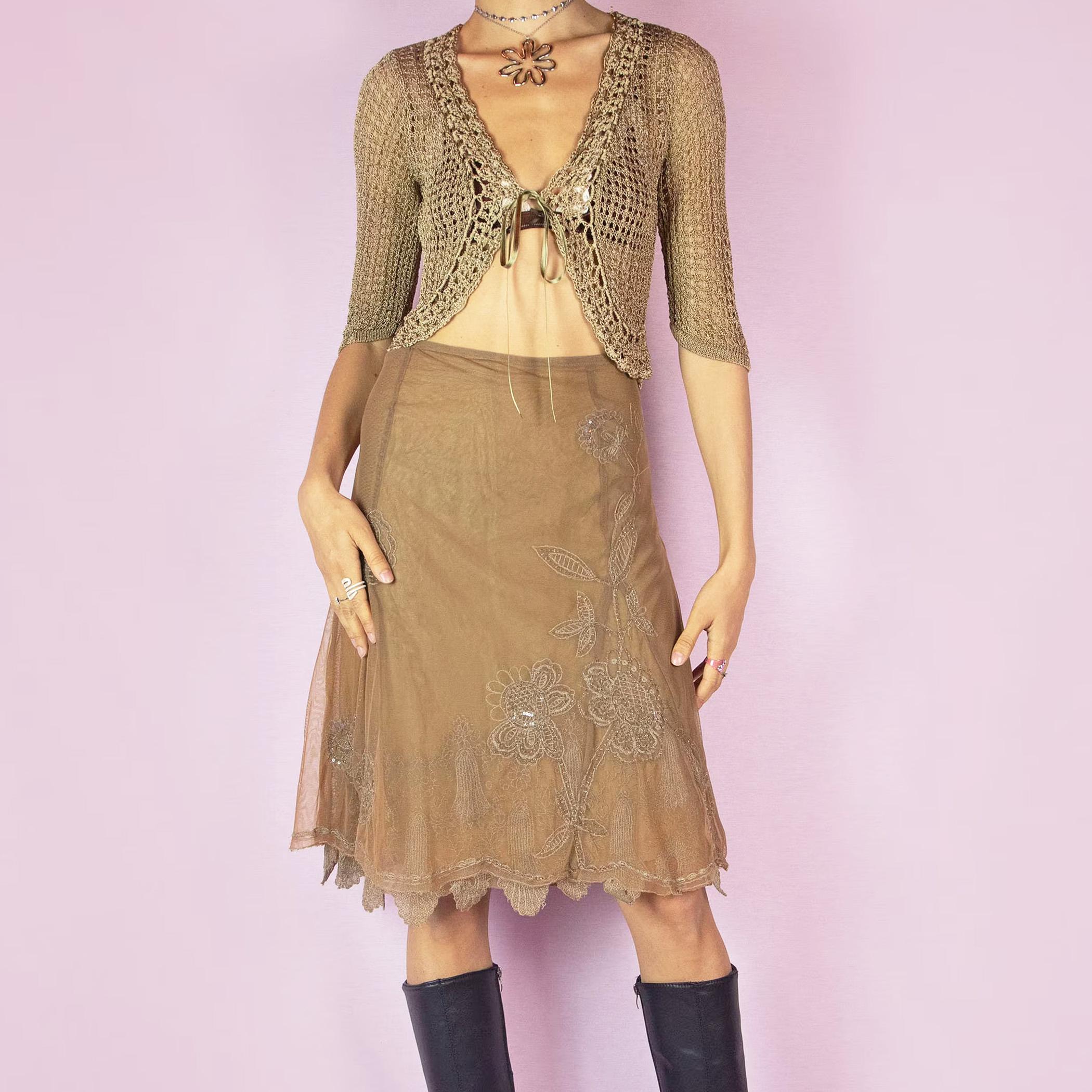 Vintage Brown Midi Skirt, Mesh Tulle Beaded Embroidered Godet Y2K 2000s – Size Medium