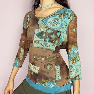 Top vintage de malla floral con bajo de lechuga y patchwork, años 2000 (talla XXL)