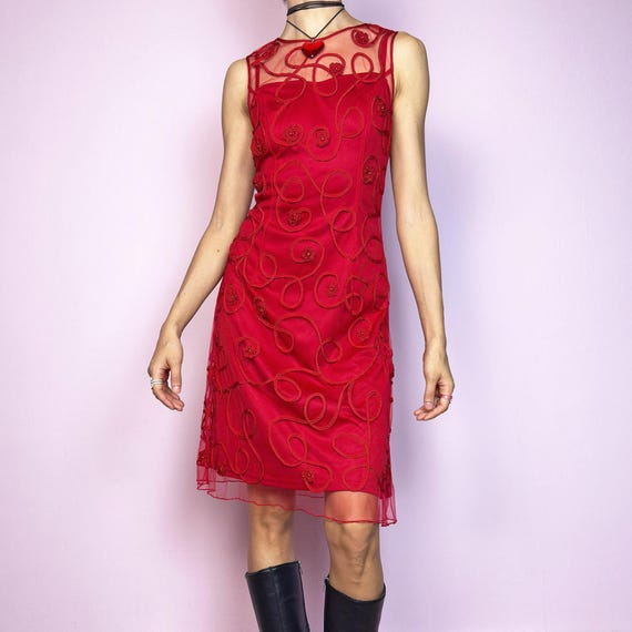 Vintage 90s Red Dress Mesh Sheer Embroidered Midi Size S - Etsy UK