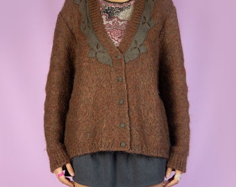 Cardigan in maglia marrone vintage anni '90 Boho Grunge Maglione con scollo a V - Taglia XL