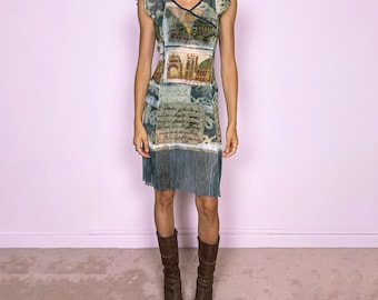 Vintage Mesh Midi Dress Graphic Art Postcard Print Sheer Maximalist Y2K 2000s Size S