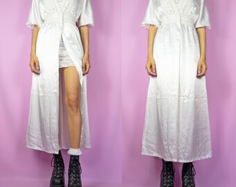 Vintage 90s White Duster Jacket Romantic Lace Maxi Robe Peignoir Bridal - Size Medium