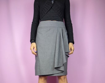 Vintage Y2K Asymmetric Draped Skirt Gray Layered Office Pencil Skirt 2000s - Size Small