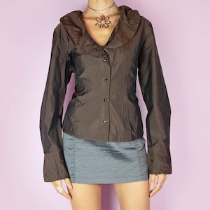 Vintage Brown Blouse, Ruffle Collar Button Down Long Sleeve 90s – Size L