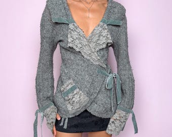 Vintage Y2K Gray Cardigan Wrap Lace 2000s Size M