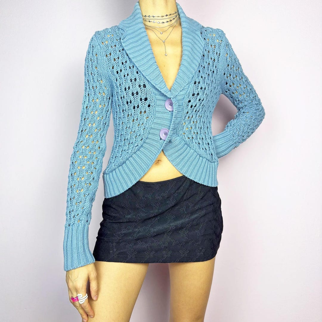 Vintage Blue Cropped Cardigan, Open Knit Bolero Y2K 2000s