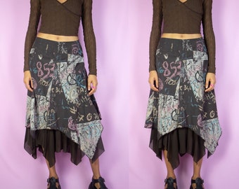 Vintage Y2K Cyber Brown Midi Skirt Asymmetric Layered Pointed Fairy Grunge Skirt 2000s - Size Medium