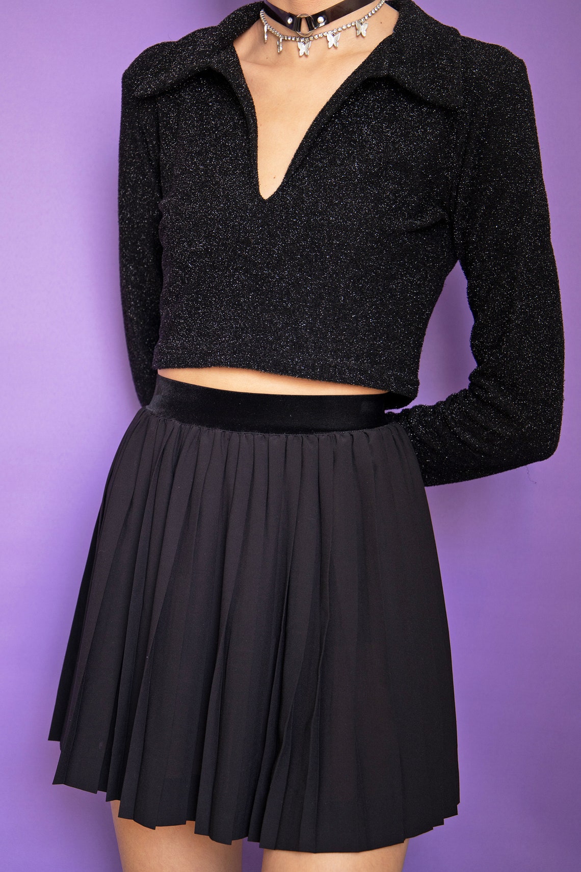 90s Black Sparkly Fuzzy Crop Top Shiny Collared Cyber Club | Etsy