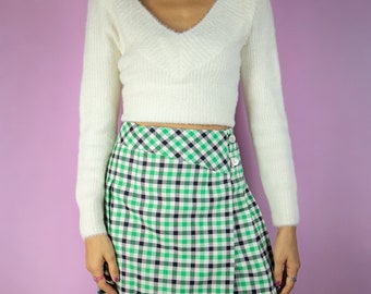 Vintage 90s Pleated Mini Skirt Plaid Check Preppy Wrap Skirt - Size XS