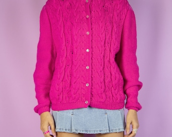 Vintage Pink Knit Cardigan 90s Romantic Boho Fuchsia Sweater - Size Medium