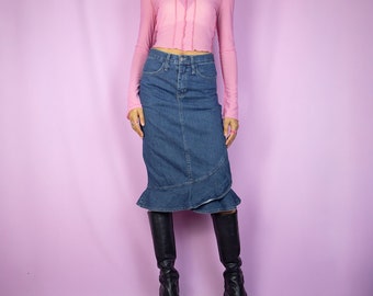 Vintage Y2K Denim Midi Falda Trompeta Volante Jean Falda 2000s - Talla XS