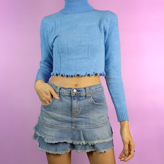 Vintage Y2K Ruffle Denim Mini Skirt Low Rise Tier… - image 1