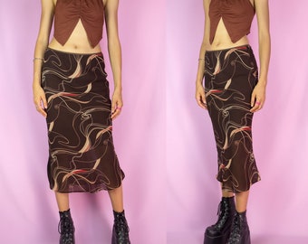 Vintage 90s Boho Midi Skirt Brown Abstract Print Summer Skirt - Size Small