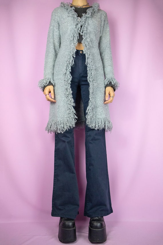 2000s Y2K Gray Shaggy Cardigan Fringe Trim Knit Jacket Penny