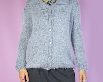 Vintage Y2K gris punto cardigan suéter de cuello esponjoso 2000s - tamaño grande