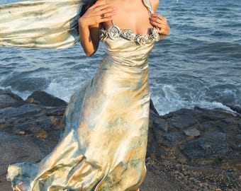 Vintage Tie Dye Slip Dress, Midi Rosette Appliqué Gown Matching Scarf Y2K 2000s – Size L