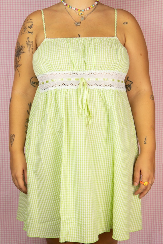 Vintage 90s Check Mini Dress Green Plaid Gingham … - image 4