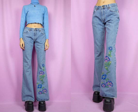 00s Y2K Low Rise Flare Jeans Floral 