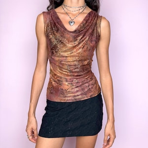 Vintage Y2K Cowl Neck Top, Sleeveless Paisley Shimmer 2000s – Size L