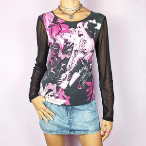 Vintage Y2K Mesh Top, Black Graphic Print Sheer Long Sleeve 2000s – Size M