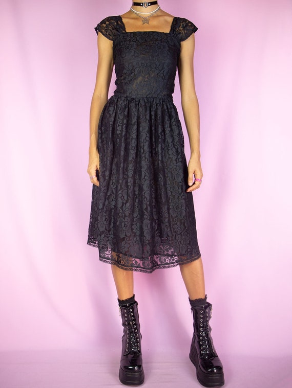 Vintage 90s Black Lace Midi Dress Romantic Sheer … - image 6