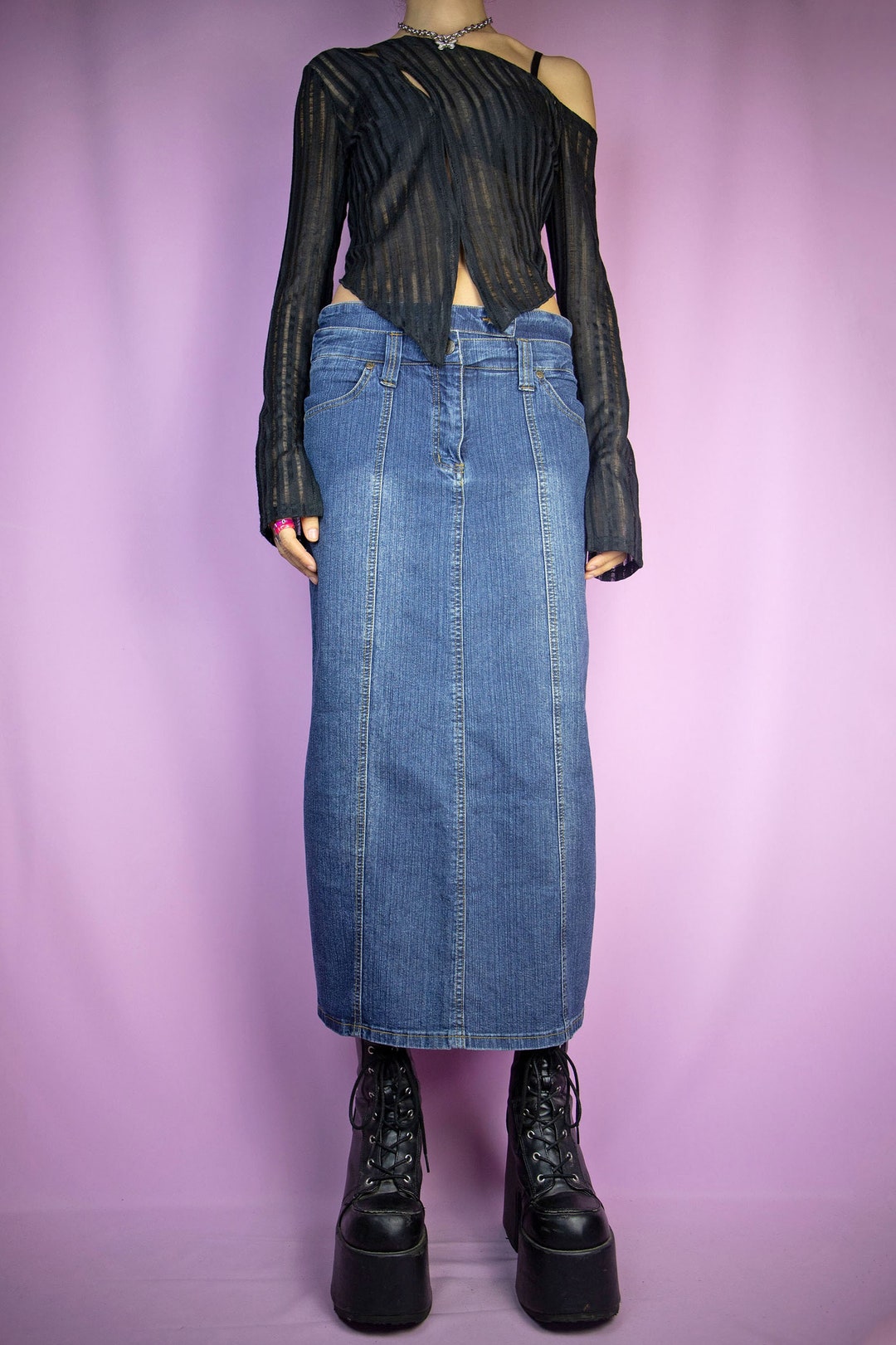 2000s Y2K Straight Denim Midi Skirt Maxi Jean Double Waistband - Etsy