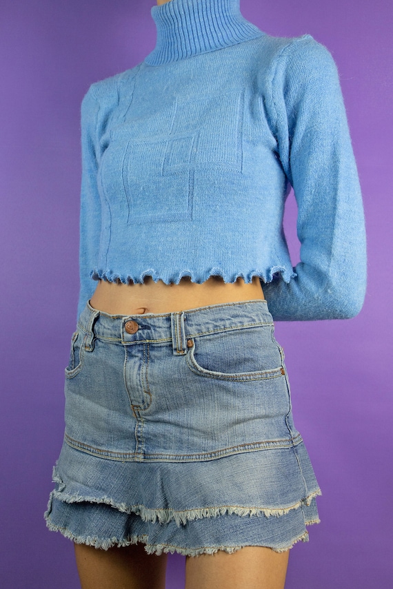 Vintage Y2K Ruffle Denim Mini Skirt Low Rise Tier… - image 3
