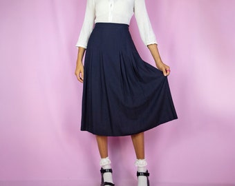 Vintage 90s Pleated Midi Skirt Navy Blue Preppy Skirt - Size Medium