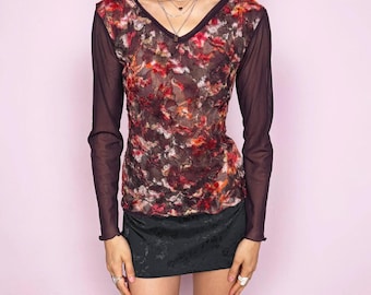 Vintage Purple Sheer Top Mesh Long Sleeve Lace Fairy Y2K 2000s Size M