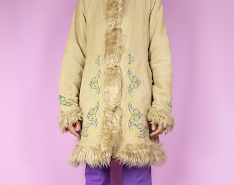 Vintage Y2K Penny Lane Coat Beige Faux Fur Corduroy Afghan Jacket 2000s – Size Medium