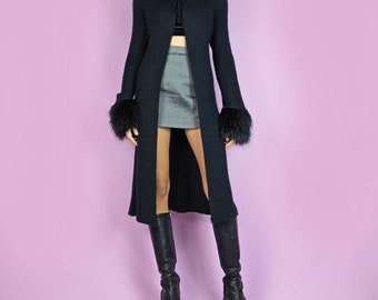 Vintage Y2K Black Knit Duster Jacket Faux Fur Penny Lane Coat 2000s - Size Medium