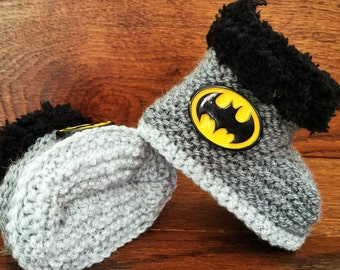 Hand Knitted Baby Booties, Boy Bat Superhero Clothes, Comic Movie Boots, Grey Slippers, Shoes, Handmade Shower Gift Newborn -12M