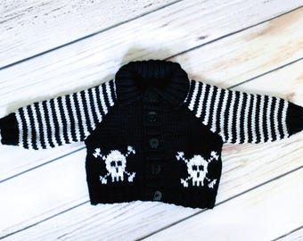 Hand Knitted Baby Cardigan, Halloween Skull Jacket, Boy Girl Goth Punk Clothes, Alternative Emo Sweater, Gothic Handmade Shower Gift 0-12M