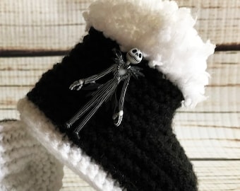 Hand Knitted Goth Baby Boots Booties Christmas Skull Clothes Slippers Shoes Skelton Gothic Emo Punk Halloween Alternative Movie Gift 0- 12M