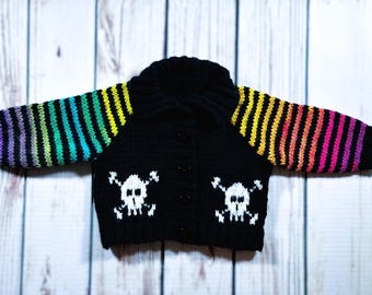 Hand Knitted Baby Cardigan Halloween Goth Skull Jacket Boy Girl Punk Sweater Emo Gothic Alternative Clothes Spooky Handmade Gift Newborn-12M