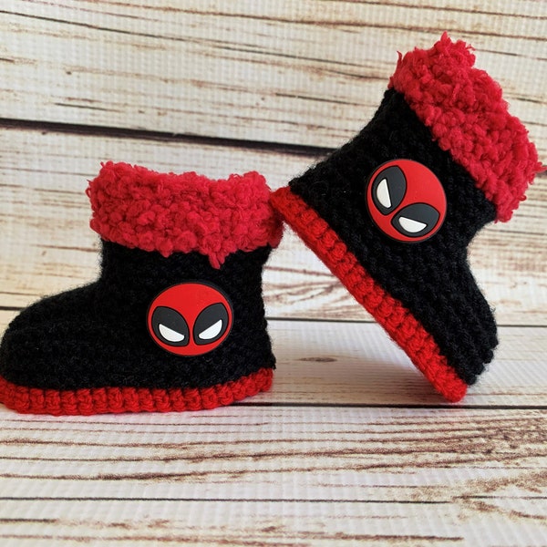 Hand Knitted Baby Superhero Clothes Boots Booties Slippers Shoes Super hero Gift Comic movie Black Red Costume Boy Girl Unisex 0-12 months
