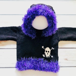 Baby Goth Knitted Skull Hoody Hoodie Clothes jumper Sweater Alternative Punk Emo Black Gothic Faux Fur Halloween Horror Spooky Gift 0-3M