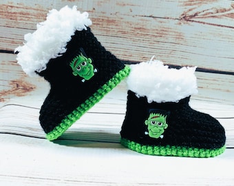 Botines góticos tejidos a mano para bebé, botas de Frankenstein, pantuflas de terror gótico para Halloween, tallas de 0 a 12 meses.