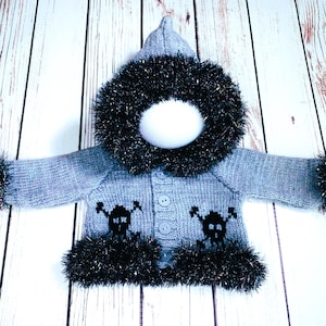 Baby Goth Hand Knitted Skull Crossbones Hoodie Clothes Gothic Punk Emo Halloween Alternative Spooky Gift Cardigan Jacket Black Horror 0-12M
