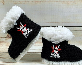 Hand Knitted Baby Goth Boots Rock On Metal Head Skeleton Skull Clothes Booties Punk Emo Slippers Shoes Music Band Alternative Gift 0- 12M