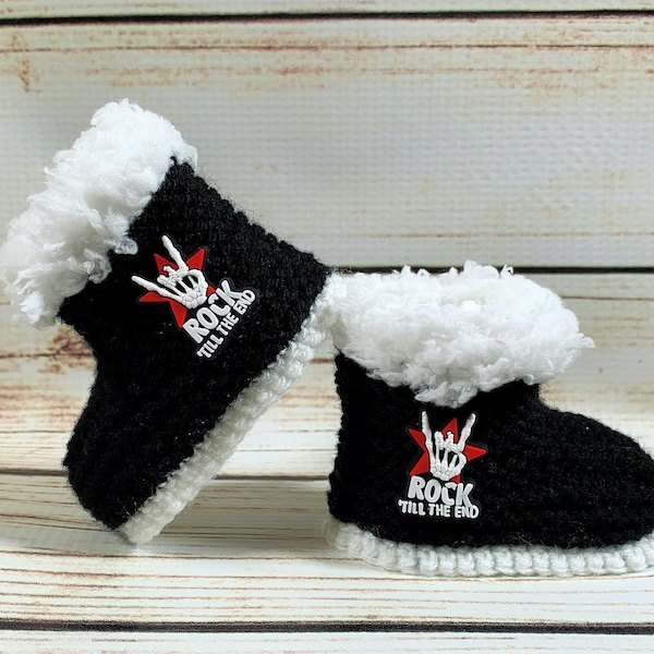 Hand Knitted Baby Goth Boots Rock On Metal Head Skeleton Skull Clothes Booties Punk Emo Slippers Shoes Music Band Alternative Gift 0- 12M