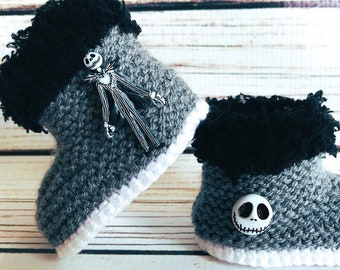 Hand Knitted Baby Booties, Boy Girl Christmas Halloween Movie Slippers, Skull Skellington Clothes, Goth Spooky Shower Gift 0-12M