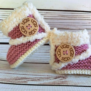 Hand Knitted Baby Girl Booties, Sheepskin Boots, Pink Fleece Slippers, Clothes, Shower Gift Newborn -12 Months
