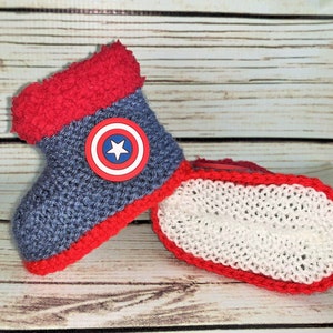 Hand Knitted Baby Boots Superhero booties Slippers Blue Boy Girl Comic Super Hero Shield movie America Clothes Gift 0-12M