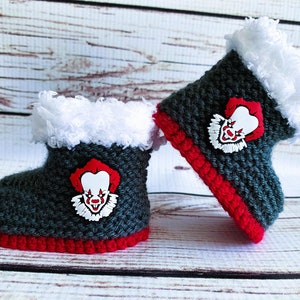 Hand Knitted Goth Baby Booties Boots Shoes Clothes Slippers Killer Clown Horror Halloween Movie Alternative skull Gothic Punk Spooky 0- 12M