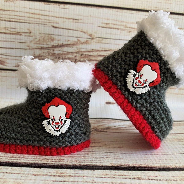 Hand Knitted Goth Baby Booties Boots Shoes Clothes Slippers Killer Clown Horror Halloween Movie Alternative skull Gothic Punk Spooky 0- 12M