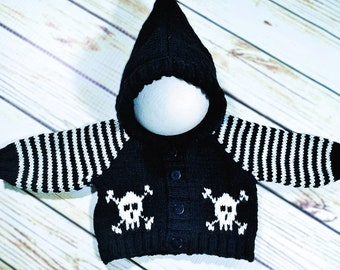 Hand Knitted Baby Cardigan Halloween Goth Skull, Boy Girl Gothic Emo Jacket Alternative Punk Rock Clothes Sweater Handmade Shower Gift 0-12M