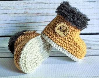 Hand Knitted Baby Booties, Boy Girl Woodland Work Boots, Lumberjack Fleece Slippers, Announcement Handmade Shower Gift Newborn-12M