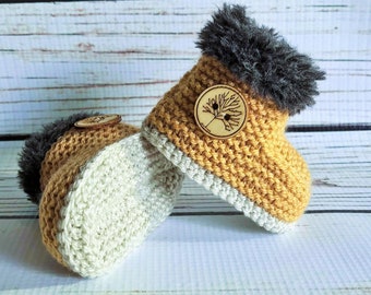 Hand Knitted Baby Booties, Boy Girl Boots, Woodland Fleece Slippers / Clothes, Unique Handmade Shower Gift Newborn-12M